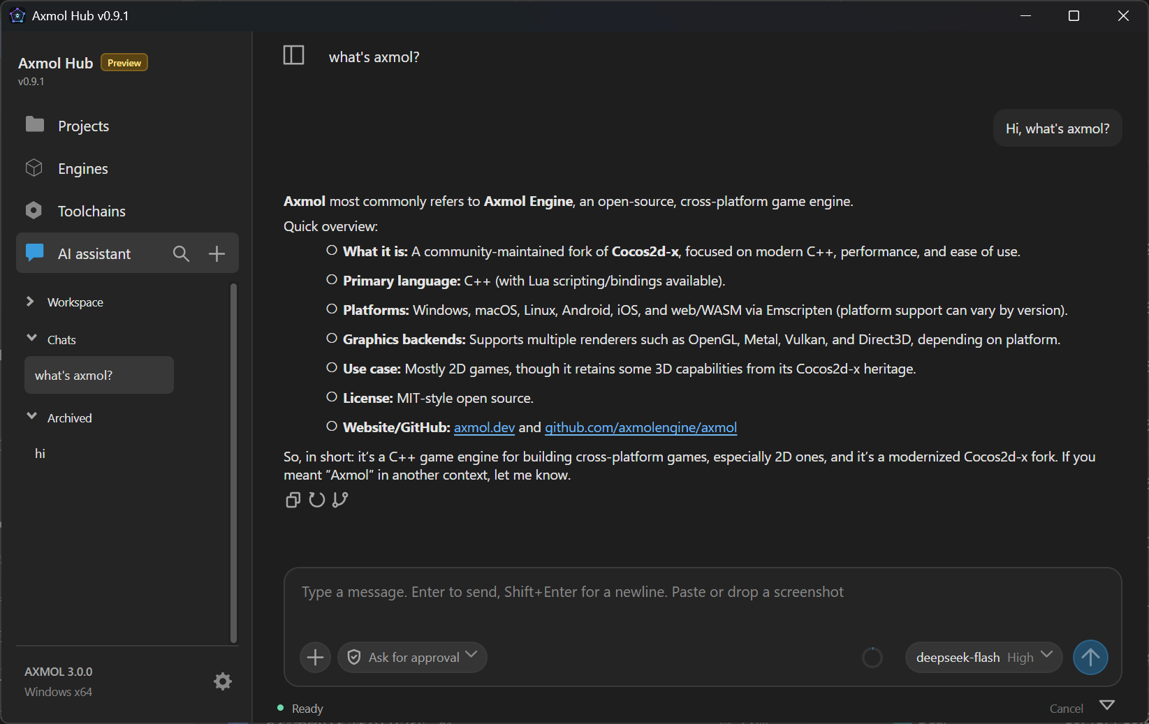 Axmol Hub desktop application window